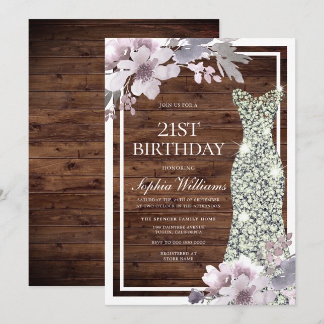 Invitation Robe de Diamant Floral Violet Rustique 21e anniver (Devant / Derrière)
