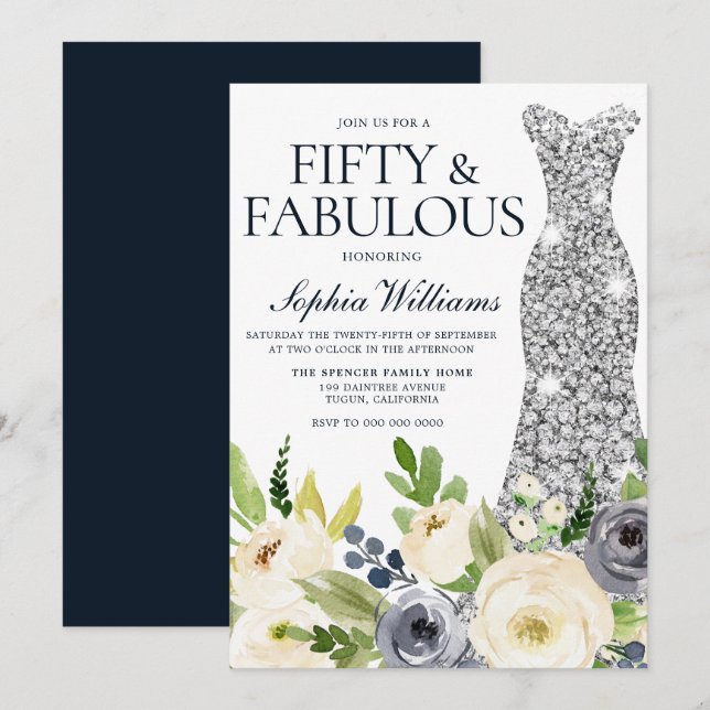 Invitation Robe de diamant florale marine et blanche 50e anni (Devant / Derrière)
