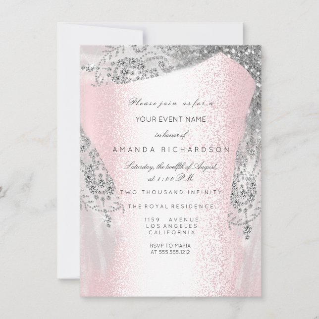Invitation Robe de diamant gris argenté pour les 16 ans rose (Devant)