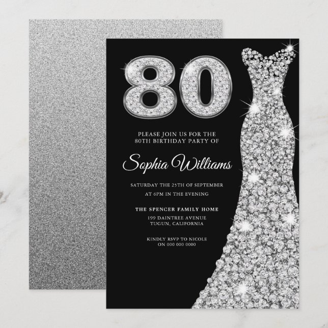 Invitation Robe de Diamant Noir femmes 80e fête d'anniversair (Devant / Derrière)