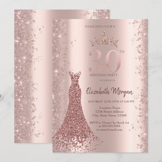 Invitation Robe de diamant Rose or Parties scintillant poussi (Devant / Derrière)