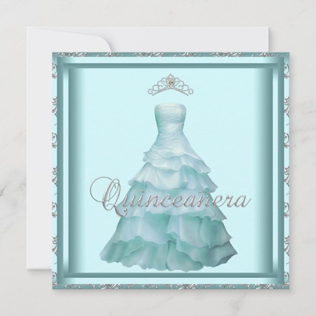 Invitation Robe de fête Tiara Turquoise Damask Quinceanera (Devant)