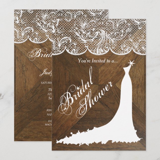 Invitation Robe de mariage élégante et dentelle sur le bois d (Devant / Derrière)