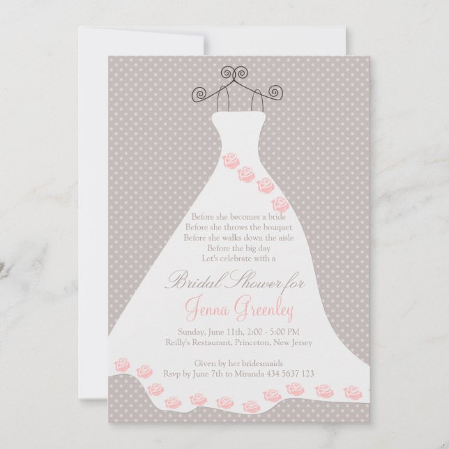 Invitation Robe de mariage, roses, pois (Devant)