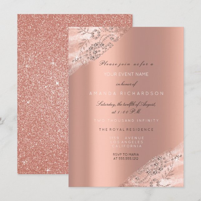 Invitation Robe de mariée 16e douce rose pêche pailletée scin (Devant / Derrière)