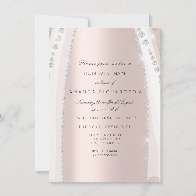 Invitation Robe de mariée blanche étincelante rose argent dia (Devant)