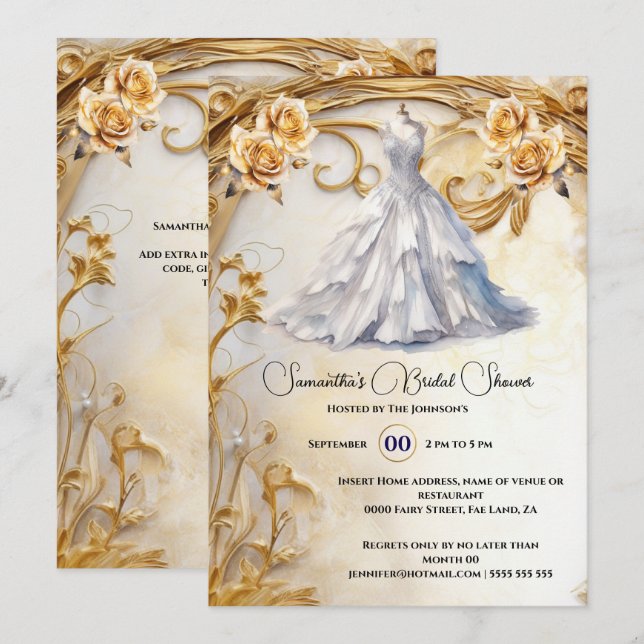 Invitation Robe de mariée blanche roses fleurs luxueuses (Devant / Derrière)
