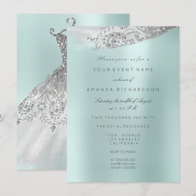 Invitation Robe de mariée blanche Sweet 16 Aqua Bleu (Devant / Derrière)