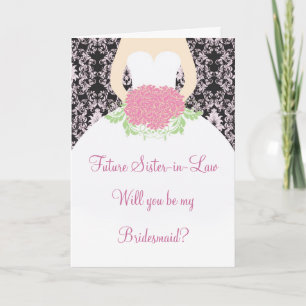 Invitation Robe de mariée, damas rose sur demoiselle d'honneu