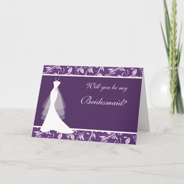 Invitation Robe de mariée, damas sur fond violet Demoiselle d (Devant)