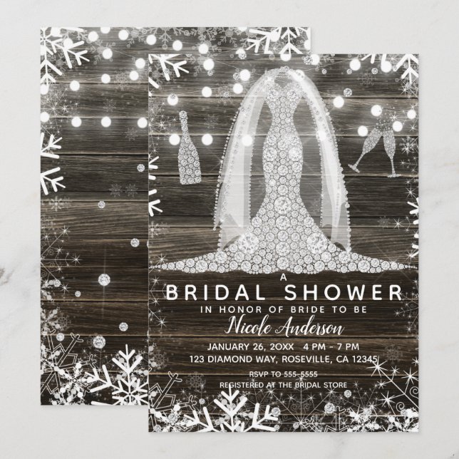 Invitation Robe de mariée diamant flocons de neige Shower de  (Devant / Derrière)