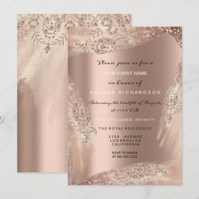 Invitation Robe de mariée diamantée Rose Gold pailletée 16e d (Devant / Derrière)