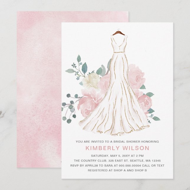Invitation Robe de Mariée Fleurie Rose Pâle pour Enterrement  (Devant / Derrière)