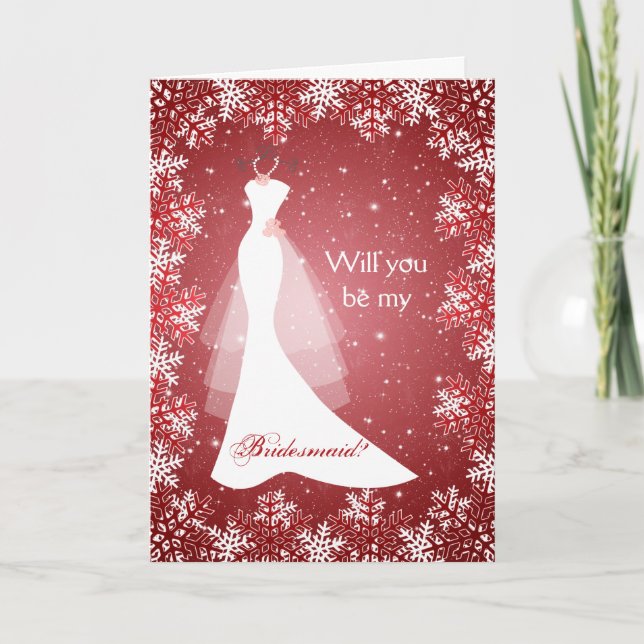 Invitation robe de mariée, flocons de neige sur demoiselle d' (Devant)