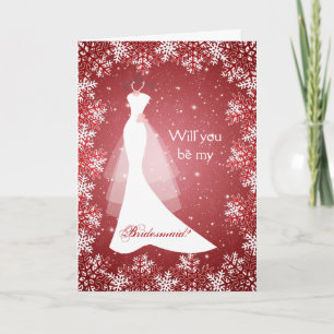 Invitation Robe de mariée, flocons de neige sur rouge Demoise