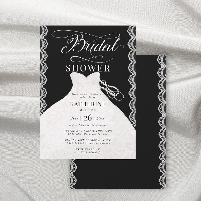 Invitation Robe de mariée Lace Pearls Fête des mariées noire  (lace and pearls bridal shower invitation black and white elegant romantic modern classy stylish)
