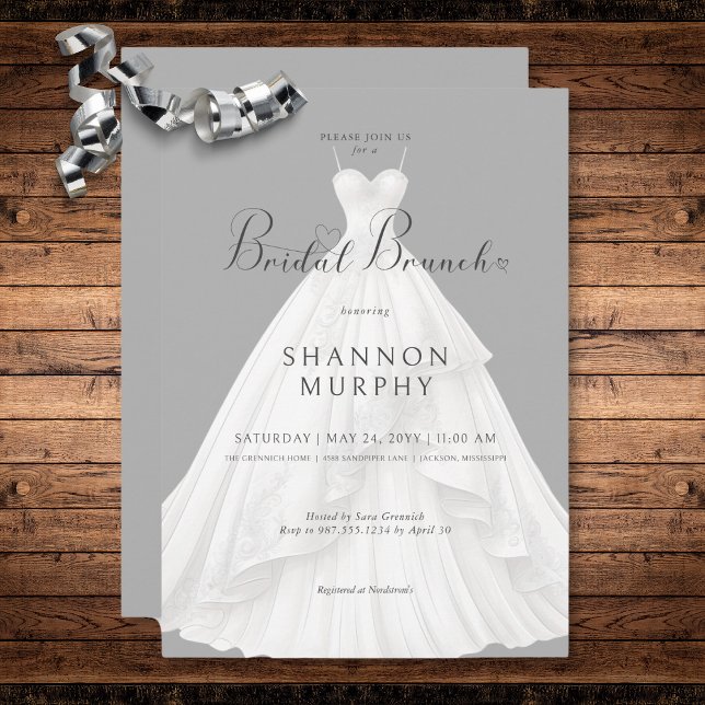 Invitation Robe de Mariée Moderne sur Brunch de Mariée Gris (Modern Wedding Dress on Gray Bridal Brunch Invitation)