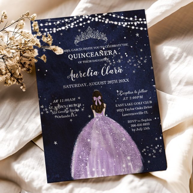 Invitation Robe de nuit rose Lilac Robe Argent Quinceañera (starry night quinceanera invitation printed cards digital download princess purple lilac dress )