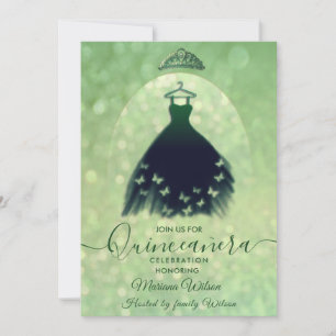 Invitation Robe de papillon vert bokeh moderne tiara Quince