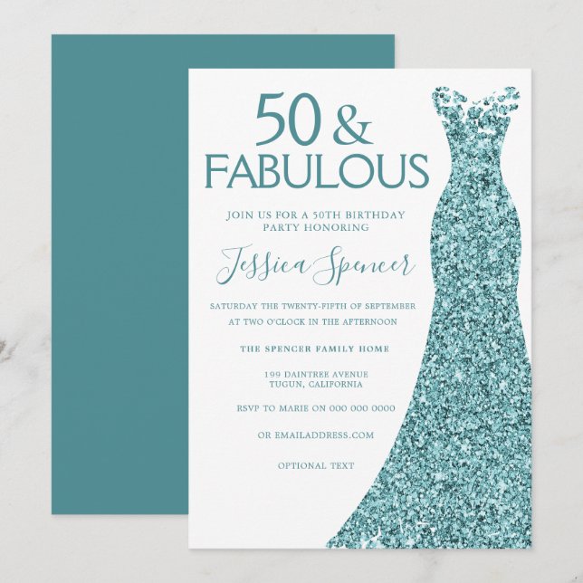 Invitation Robe de Parties scintillant bleu turquoise 50e fêt (Devant / Derrière)
