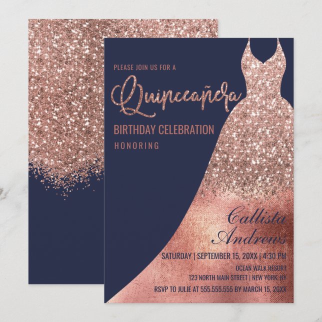 Invitation Robe de Parties scintillant or Rose de la marine d (Devant / Derrière)