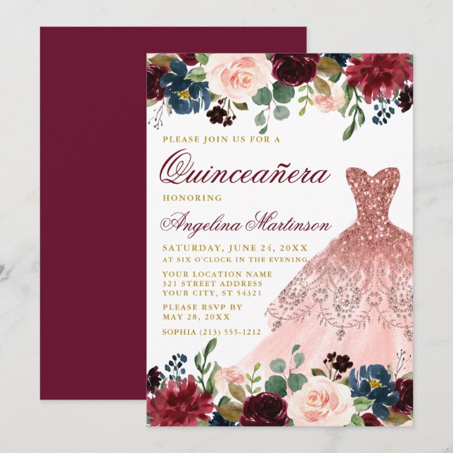 Invitation Robe de Parties scintillant Quinceanera Bourgogne  (Devant / Derrière)
