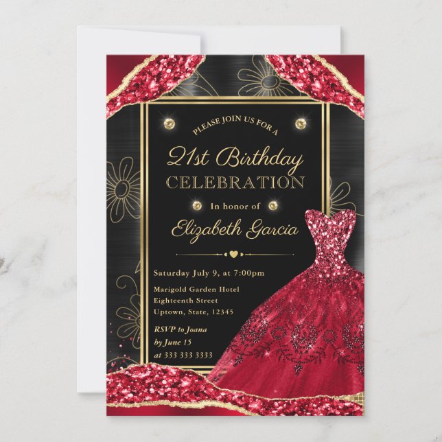 Invitation Robe de Parties scintillant rouge et or 21e annive (Devant)