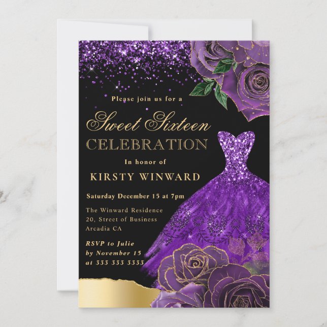 Invitation Robe de Parties scintillant violet et or Glam Rose (Devant)