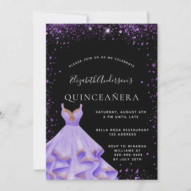 Invitation Robe de parties scintillant violet noir Quinceaner (Devant)