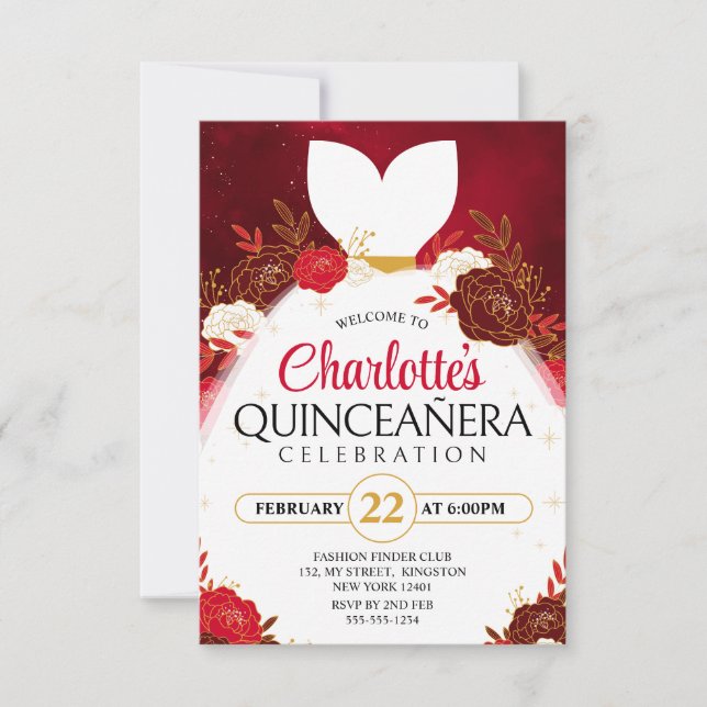 Invitation Robe de princesse blanche florale Quinceanera roug (Devant)