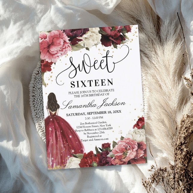 Invitation Robe de princesse de fleurs de marron bordeaux (Blush burgundy maroon flowers princess dress invitation)