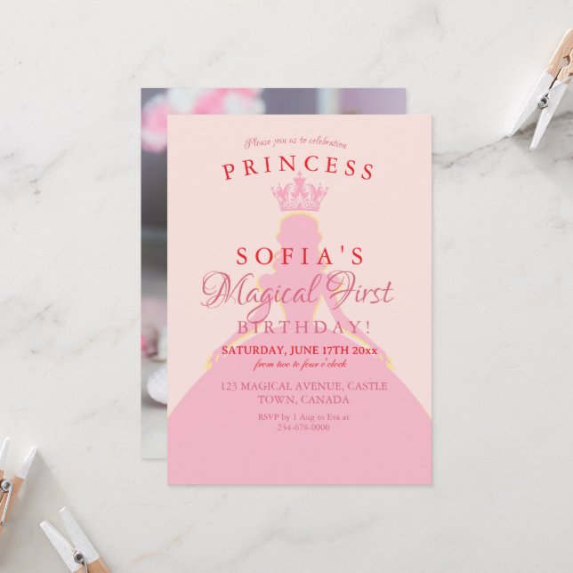Invitation Robe de princesse magique 1ère fête d'anniversaire (Devant/Arrière en situation)
