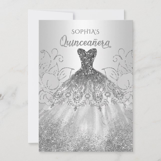 Invitation Robe de Quinceañera à paillettes argentées scintil (Devant)
