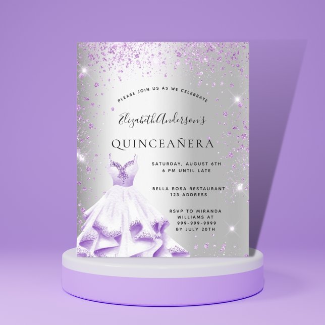 Invitation Robe de Quinceanera argent violet parties scintill (Créateur téléchargé)