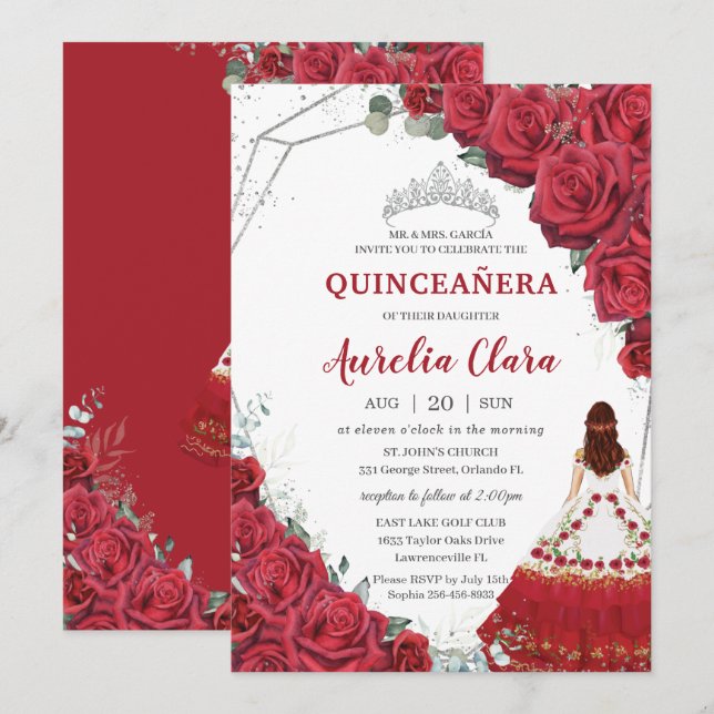 Invitation Robe de Quinceañera Charro Roses Rouges Argent Flo (Devant / Derrière)