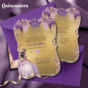 Invitation Robe de Quinceanera en or violet Roses floraux
