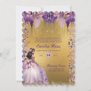 Invitation Robe de Quinceanera en or violet Roses floraux