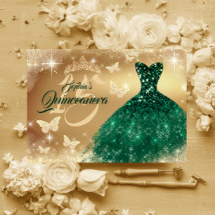 Invitation Robe de Quinceanera étincelante or émeraude