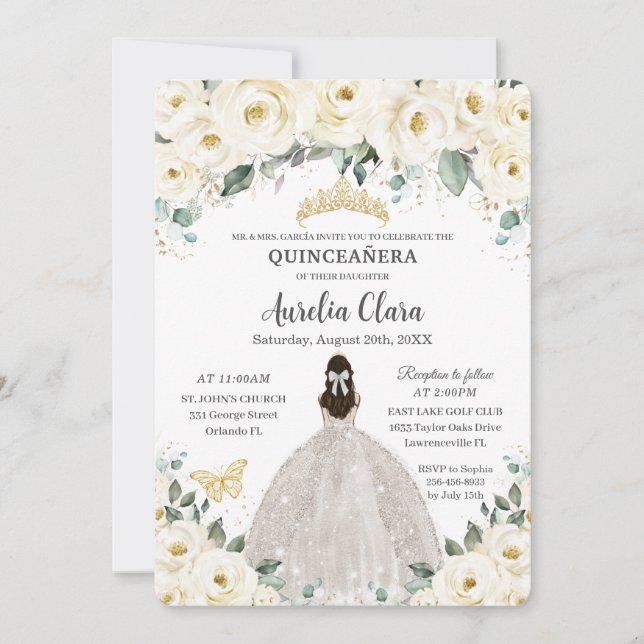 Invitation Robe de Quinceañera ivoire blanc Floral or Tiara (Devant)