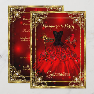 Invitation Robe de Quinceanera Or Rouge Masquerade Party