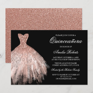 Invitation Robe de Quinceanera pailletée noire et or rose
