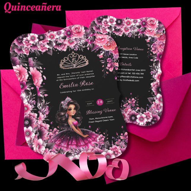 Invitation Robe de Quinceanera rose Magenta Floral (Créateur téléchargé)