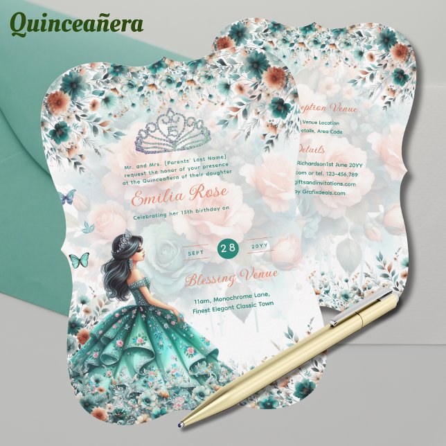 Invitation Robe de Quinceanera Vert Turquoise Papillon Floral (Créateur téléchargé)