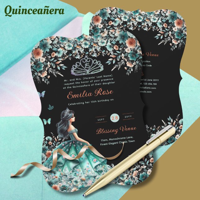 Invitation Robe de Quinceanera Vert Turquoise Papillon Floral (Créateur téléchargé)