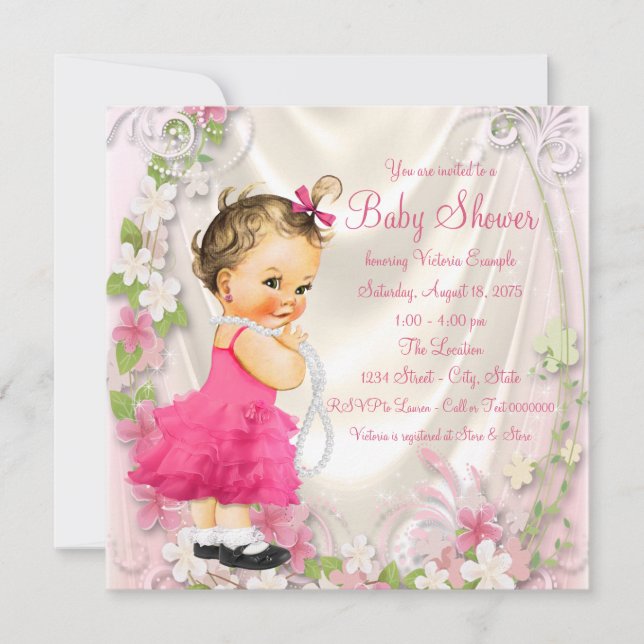 Invitation Robe de Rouffle rose et perles Baby shower fille (Devant)