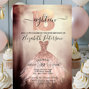 Invitation Robe de soirée chic rose gold Confetti 18ème anniv