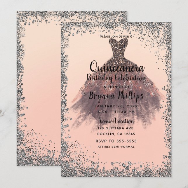 Invitation Robe de soirée Quinceañera 15 pailletée pêche et a (Devant / Derrière)