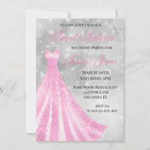 Invitation Robe de soirée rose pour fête d'anniversaire Sweet