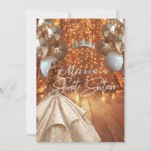 Invitation Robe de Sweet Sixteen Couronne de ballons dorés sc