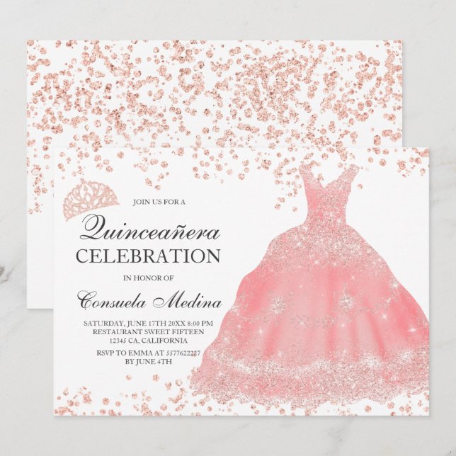 Invitation Robe de tiare blush parties scintillant or rose Qu (Devant / Derrière)